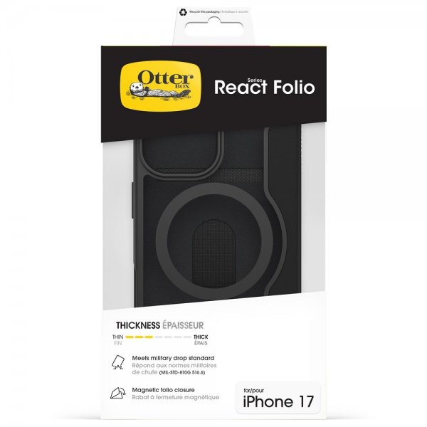 Otterbox iPhone 17 -kotelo, React Folio, MagSafe, Black Crystal