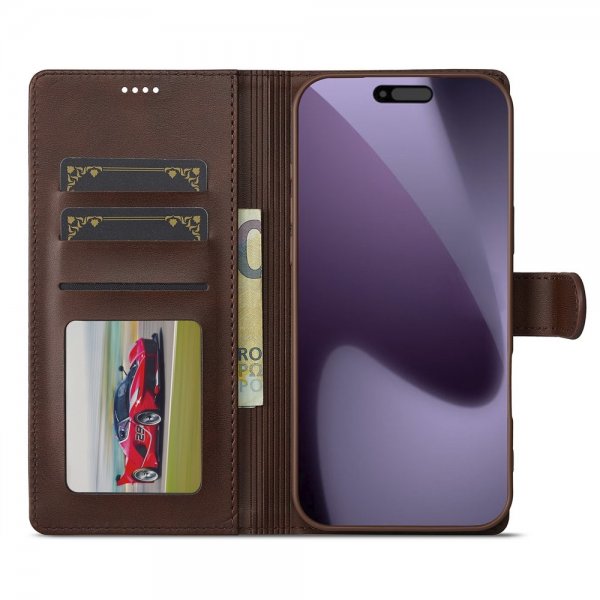 Lc.Imeeke iPhone 17 Pro Max -suojakuori korttipaikalla, jalustatoiminnolla, tummanruskea