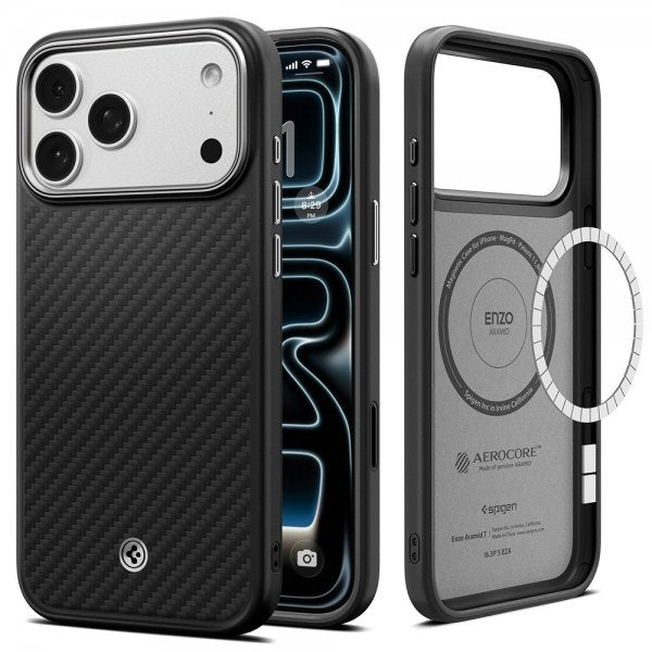 Spigen iPhone 17 Pro Max -kuori Enzo Aramid T MagFit musta hopea