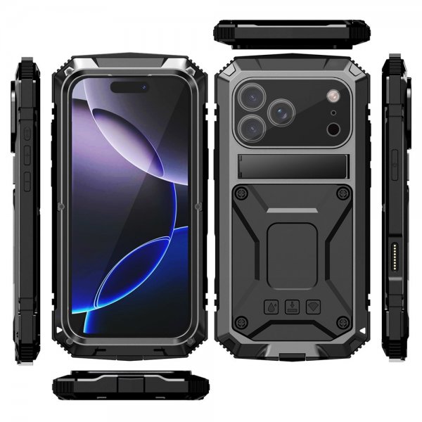 R-JUST iPhone 17 Pro Max -kuori metallinen iskunkestävä musta