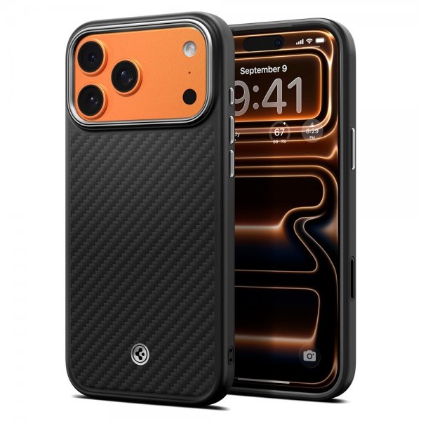 Spigen iPhone 17 Pro -kuori Enzo Aramid T MagFit musta hopea