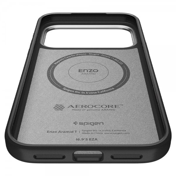 Spigen iPhone 17 Pro -kuori Enzo Aramid T MagFit musta hopea