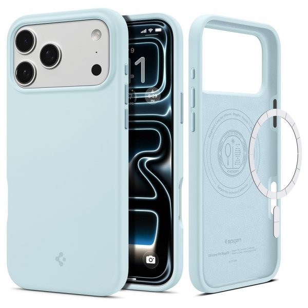 Spigen iPhone 17 Pro -kuori, Silicone Fit MagFit, Mute Blue