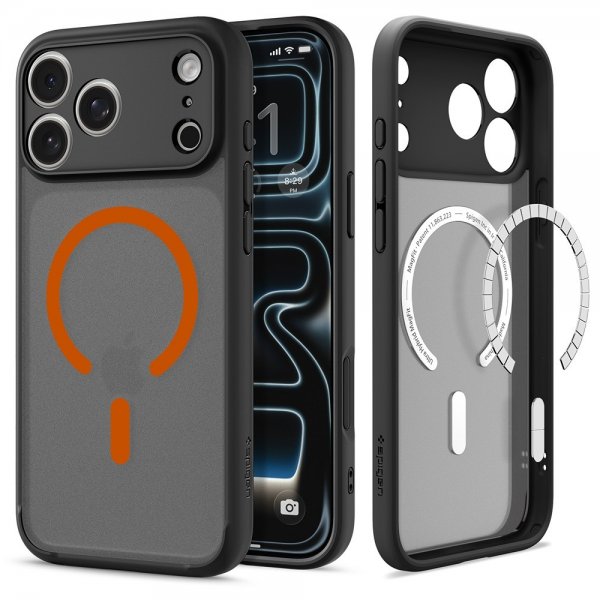 Spigen iPhone 17 Pro -suojakuori Ultra Hybrid MagFit Frost Black Orange