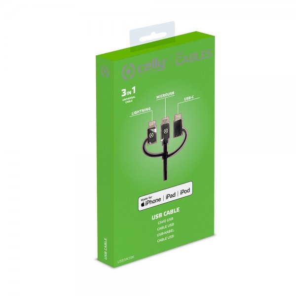 Celly-kaapeli 3in1 Micro-USB/USB-C/Lightning 1m musta
