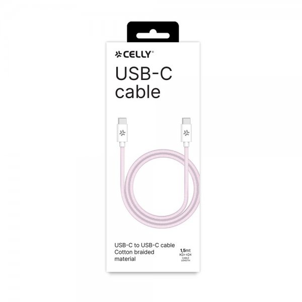 Celly USB-C–USB-C-johto, puuvillapunottu, 1,5 m, vaaleanpunainen