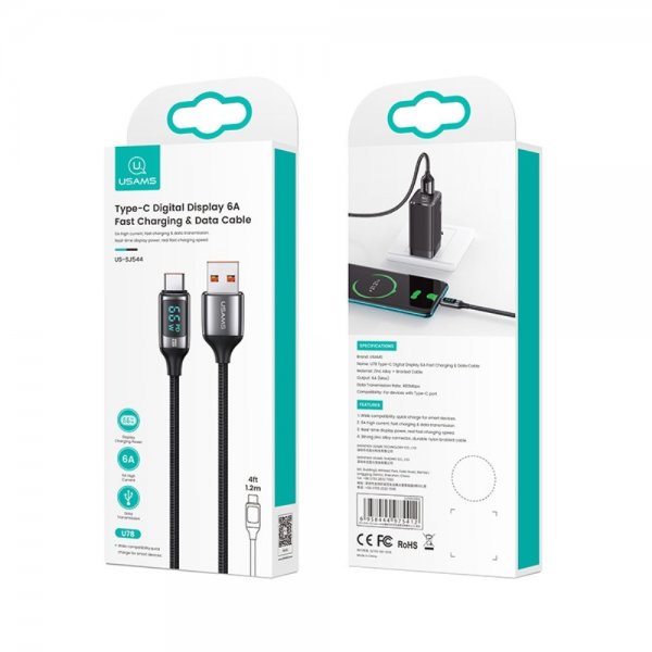 USAMS-kaapeli U78 Display USB-A/USB-C 1,2 m Musta
