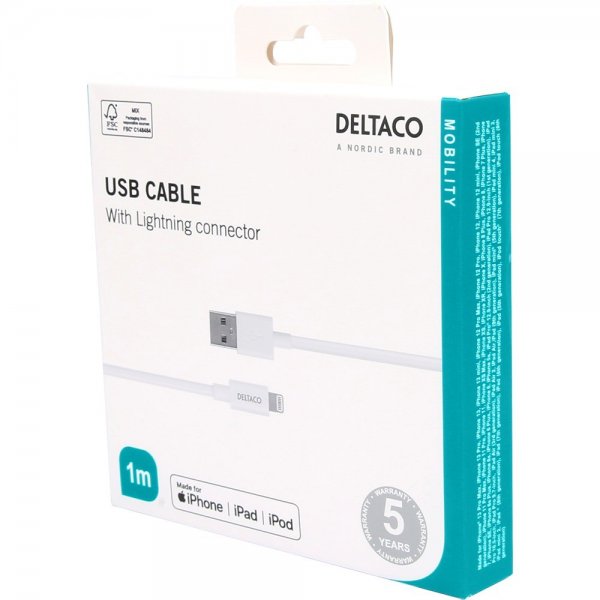 Deltaco USB-A–Lightning-kaapeli 1m Valkoinen