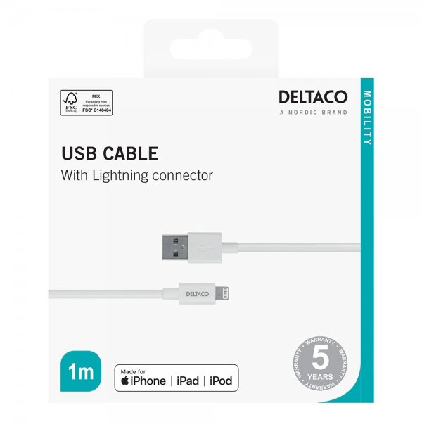 Deltaco USB-A–Lightning-kaapeli 1m Valkoinen