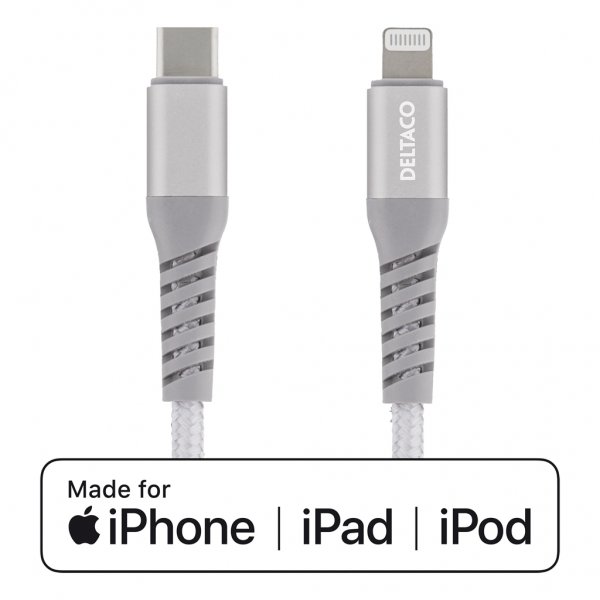 Deltaco-kaapeli USB-C–Lightning, 1 m, kangaspäällysteinen, hopea