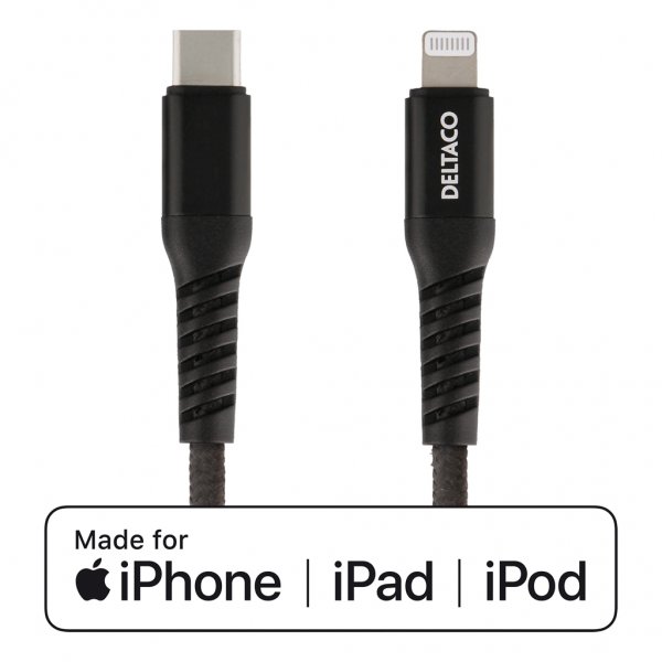 Deltaco USB-C–Lightning-kaapeli, 1 metri, kangaspäällysteinen, musta