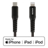 Deltaco USB-C–Lightning-kaapeli, 1 metri, kangaspäällysteinen, musta