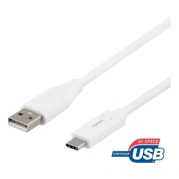 Deltaco kaapeli USB-C–USB-A 2 metriä, valkoinen