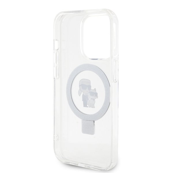 Karl Lagerfeld iPhone 15 -kuori jalustalla MagSafe valkoinen
