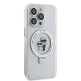 Karl Lagerfeld iPhone 15 -kuori jalustalla MagSafe valkoinen