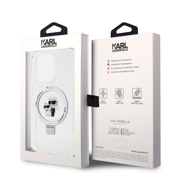Karl Lagerfeld iPhone 15 -kuori jalustalla MagSafe valkoinen