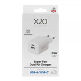 X2O Laturi 20W Kaksois-USB-C/USB-A GaN Valkoinen