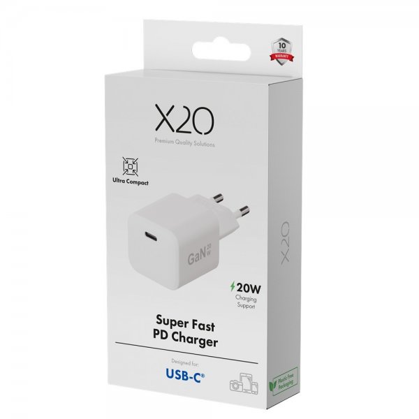 X2O-laturi 20W USB-C GaN Valkoinen