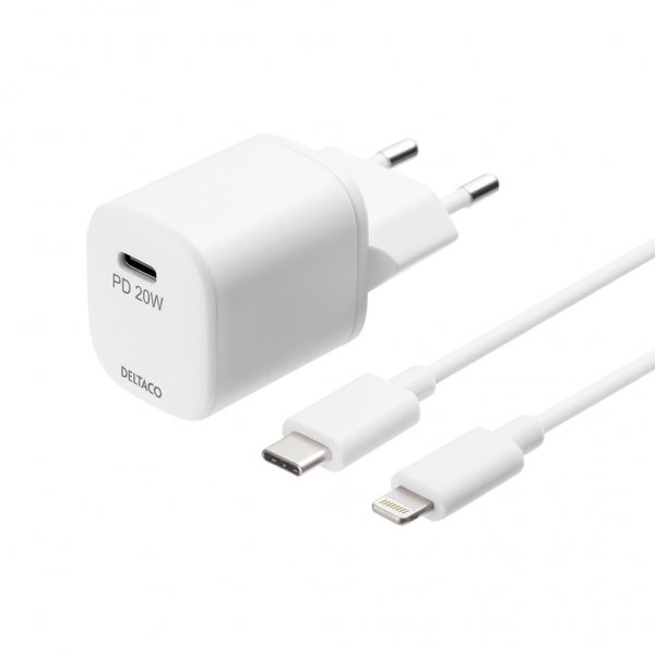 Deltaco Laturi 20W USB-C PD USB-C-Lightning-kaapelilla 1 metri Valkoinen