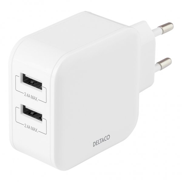 Deltaco Laturi 24W 2xUSB-A Valkoinen