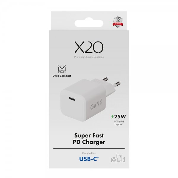 X2O-laturi 25W USB-C GaN Valkoinen