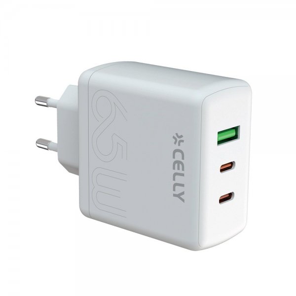 Celly-laturi 2xUSB-C/USB-A GaN 65W, valkoinen