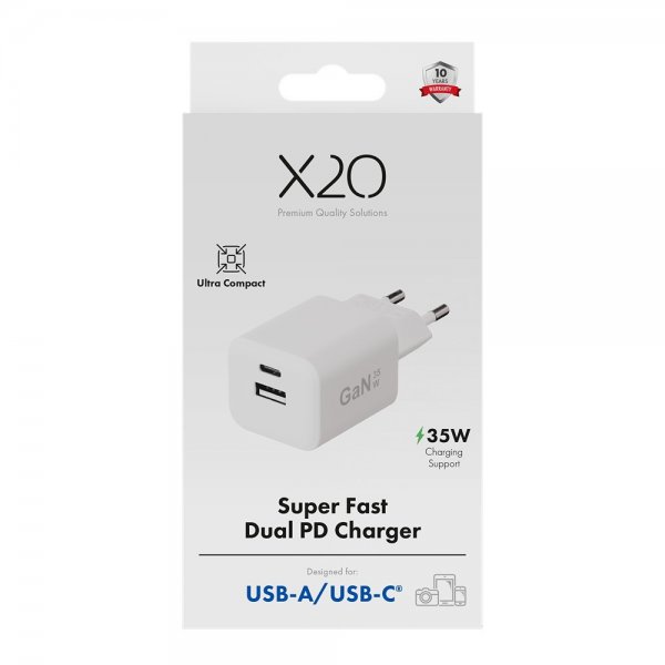 X2O-laturi 35 W kaksois-USB-C/USB-A GaN valkoinen