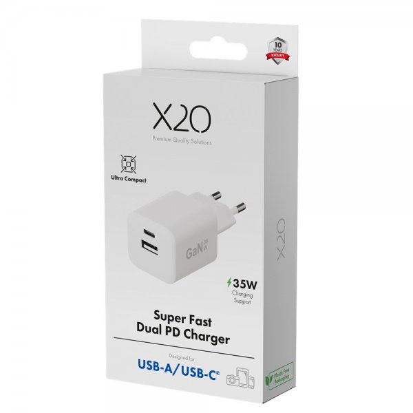 X2O-laturi 35 W kaksois-USB-C/USB-A GaN valkoinen