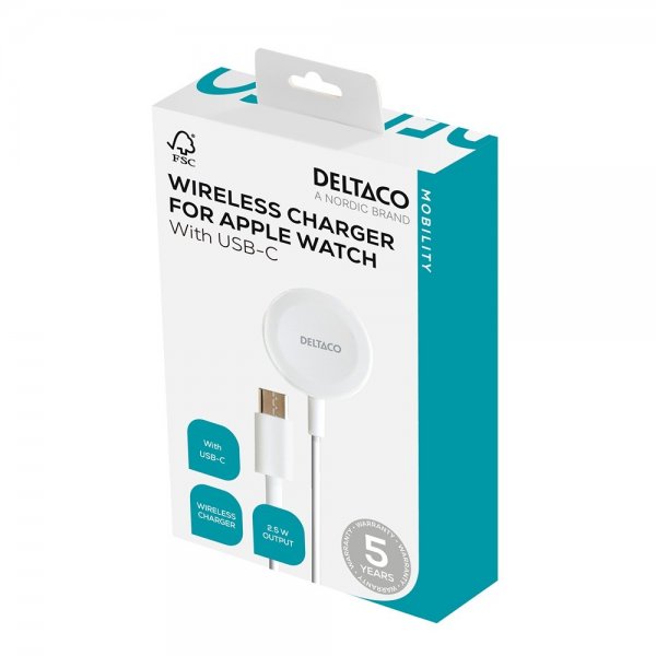 Deltaco-laturi Apple Watchille, USB-C, 1 m, valkoinen