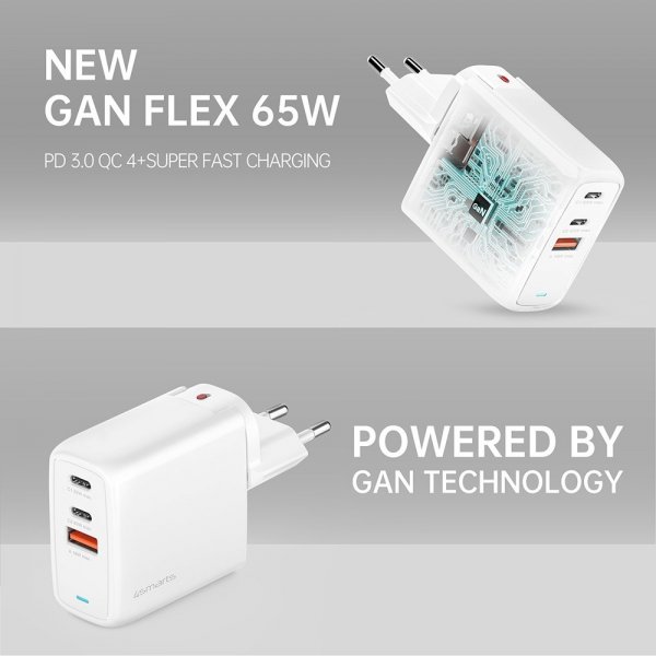 4smarts Laturi GaN Flex 65W 2 USB-C+1 USB-A