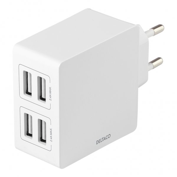 Deltaco Laturi, 4 USB-A-lähtöä, 24W, valkoinen
