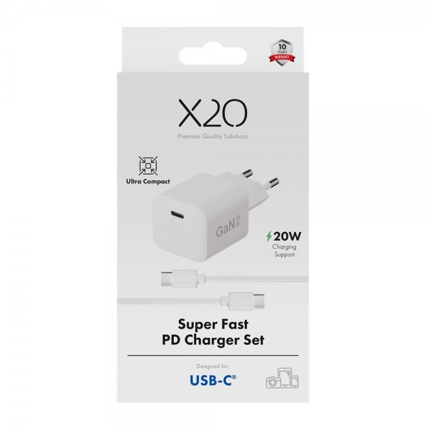 X2O-laturi kaapelilla 1.2m 20W USB-C GaN Valkoinen