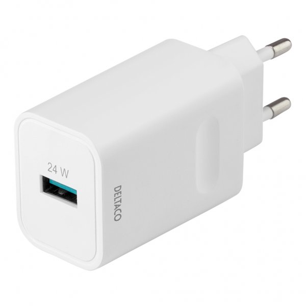 Deltaco laturi pikalataus 24W USB-A valkoinen