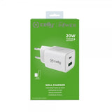 Celly Laturi USB-A/USB-C 20W Valkoinen