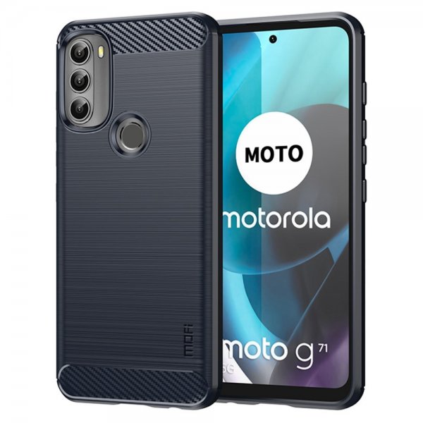 Mofi Motorola Moto G71 5G -kuori harjatulla hiilikuitutekstuurilla, sininen