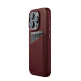 Mujjo iPhone 15 Pro -suojakuori, täysnahkainen lompakkokotelo MagSafella, burgundinpunainen