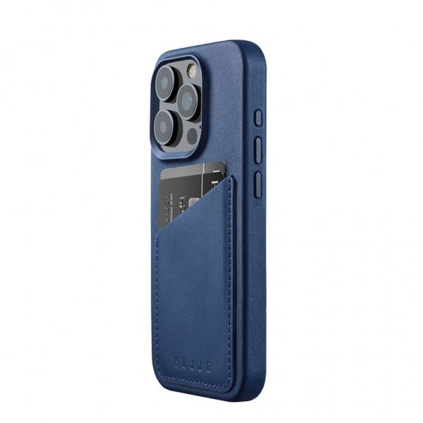 Mujjo iPhone 15 Pro -suojakuori, Full Leather Wallet Case MagSafe Monaco Blue