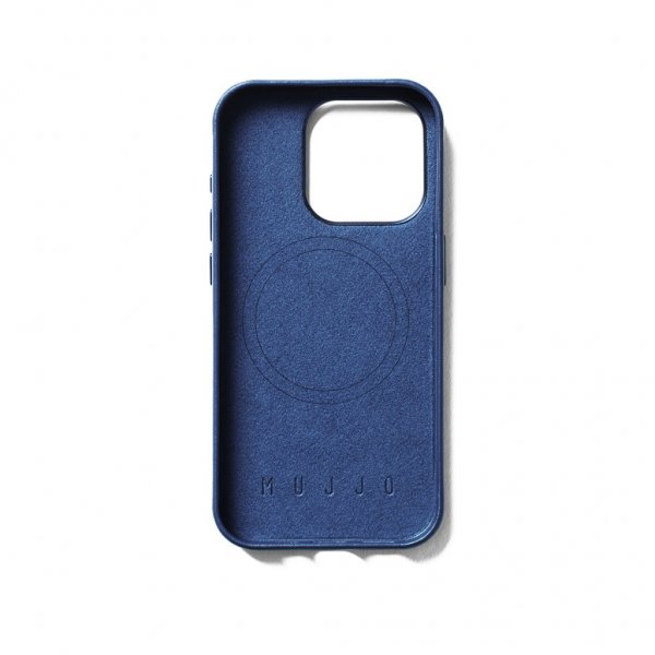 Mujjo iPhone 15 Pro -suojakuori, Full Leather Wallet Case MagSafe Monaco Blue