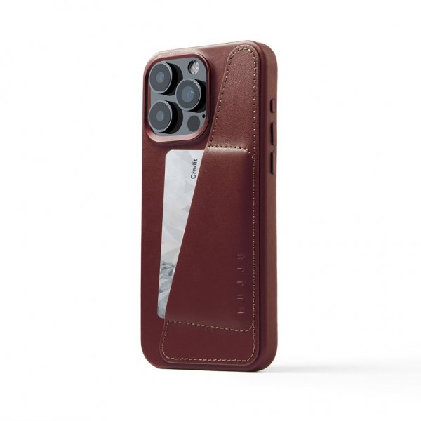 Mujjo iPhone 15 Pro Max Kuori Full Leather Wallet Case MagSafe Burgundy