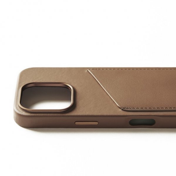 Mujjo iPhone 16 Pro Nahkakotelo Lompakolla – Dark Tan