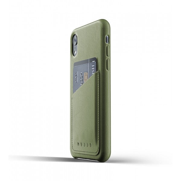 Mujjo iPhone Xr -kotelo (Full Leather Wallet Case, Olive)