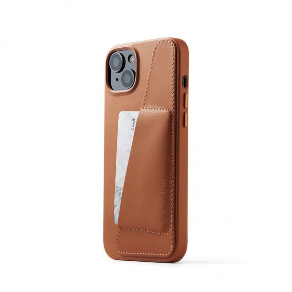 Mujjo iPhone 14 Plus -täysnahkainen lompakkokotelo, ruskea
