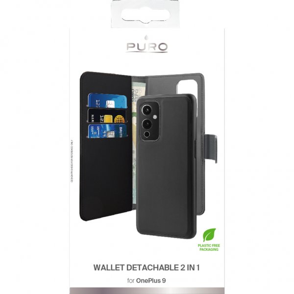 Puro OnePlus 9 Wallet Detachable 2-in-1 -irrotettava kuori, musta