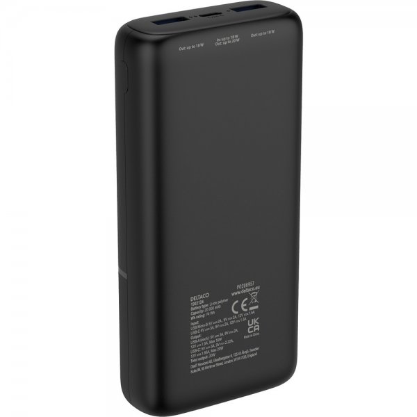 Deltaco Powerbank 20 000 mAh Pikalataus 20W Musta