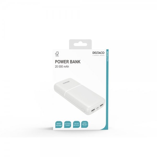 Deltaco-varavirtalähde, 20 000 mAh, valkoinen