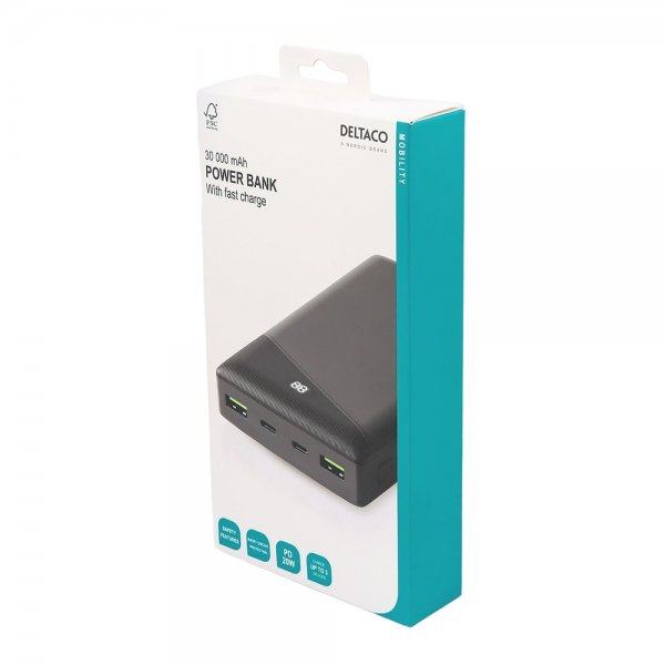 Deltaco Varavirtalähde 30 000 mAh Pikalataus Musta