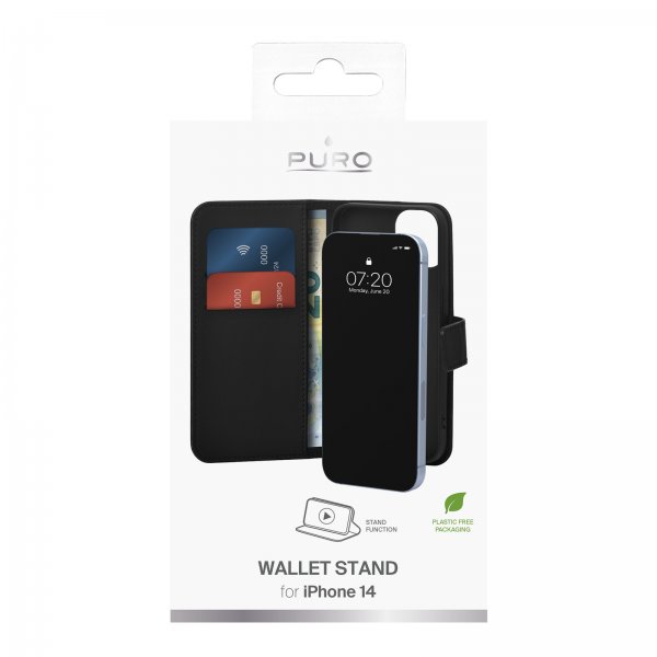 Puro iPhone 14 Lompakkokotelo Jalustalla Musta