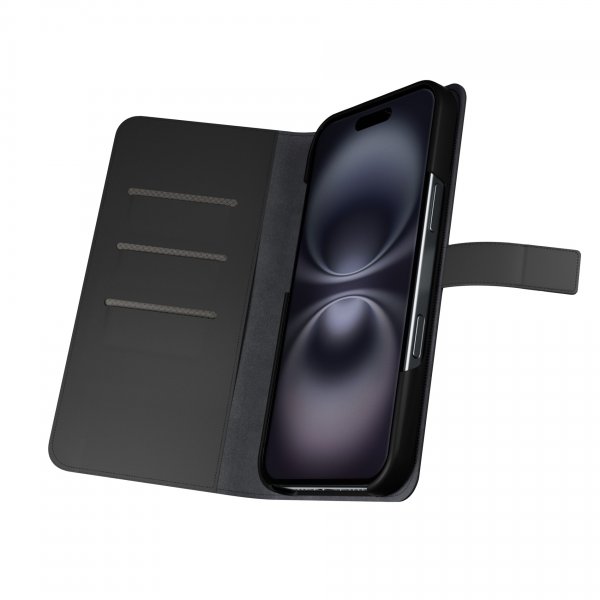 Puro iPhone 16 Plus -kotelo lompakkotelineellä, musta