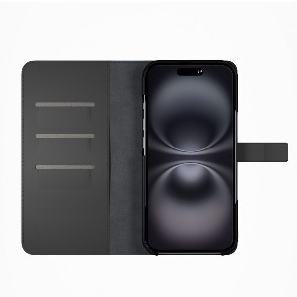 Puro iPhone 16 Plus -kotelo lompakkotelineellä, musta
