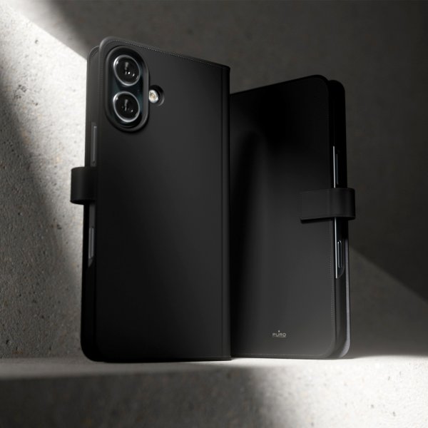 Puro iPhone 16 Plus -kotelo lompakkotelineellä, musta